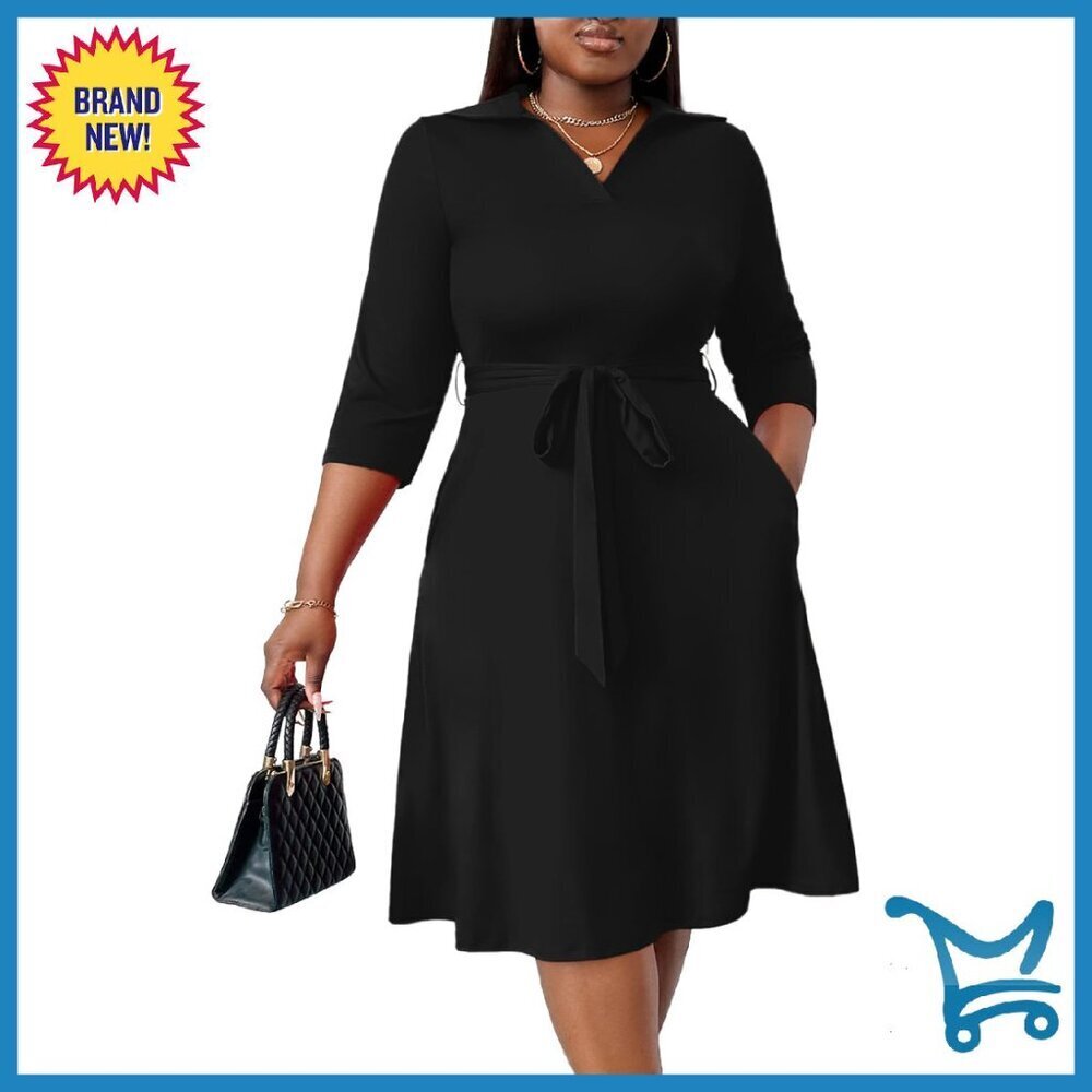 Plus Size Midi Dress 3/4 Sleeve V Neck Cocktail Wedding Guest